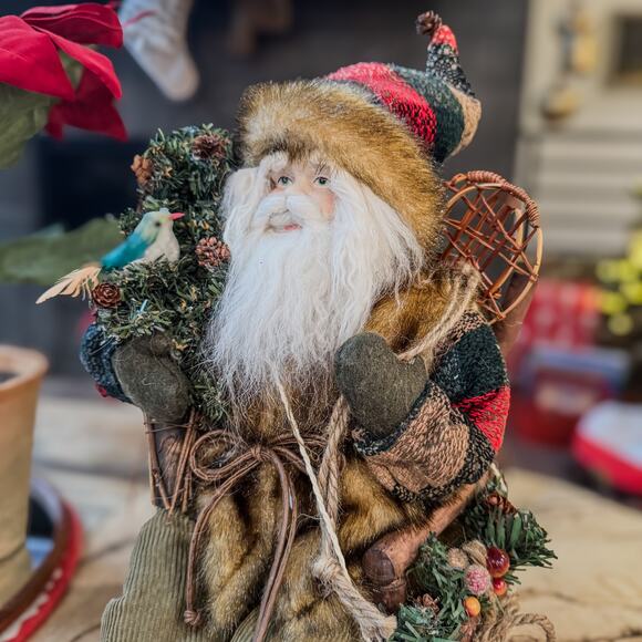 Woodland Mountain Man Santa in Wooden Twig Chair w/ Bird & Snow Shoes, 14"H - Picture 13 of 15
